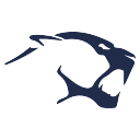 Stylized blue dolphin graphic, likely a logo, leaping with a curved body and fins.